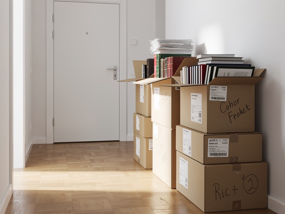 Sortierte Boxen mit Dokumenten und Büchern