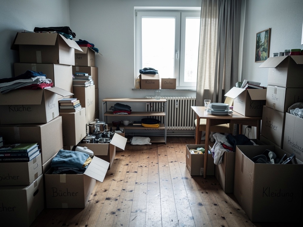 Wohnung wird sortiert und in Boxen verpackt
